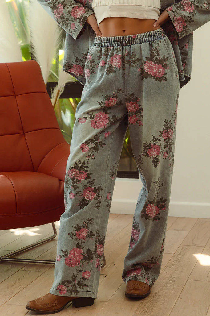 Floral Printed Wide-Leg Denim Pants