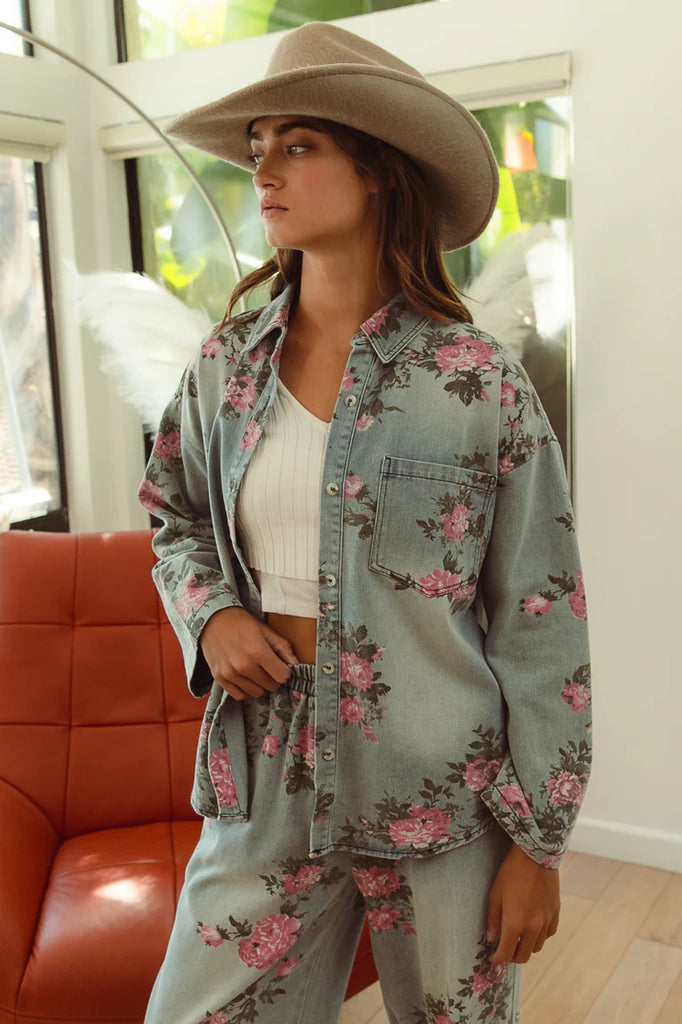 Floral Printed Denim Button-Up Shirt