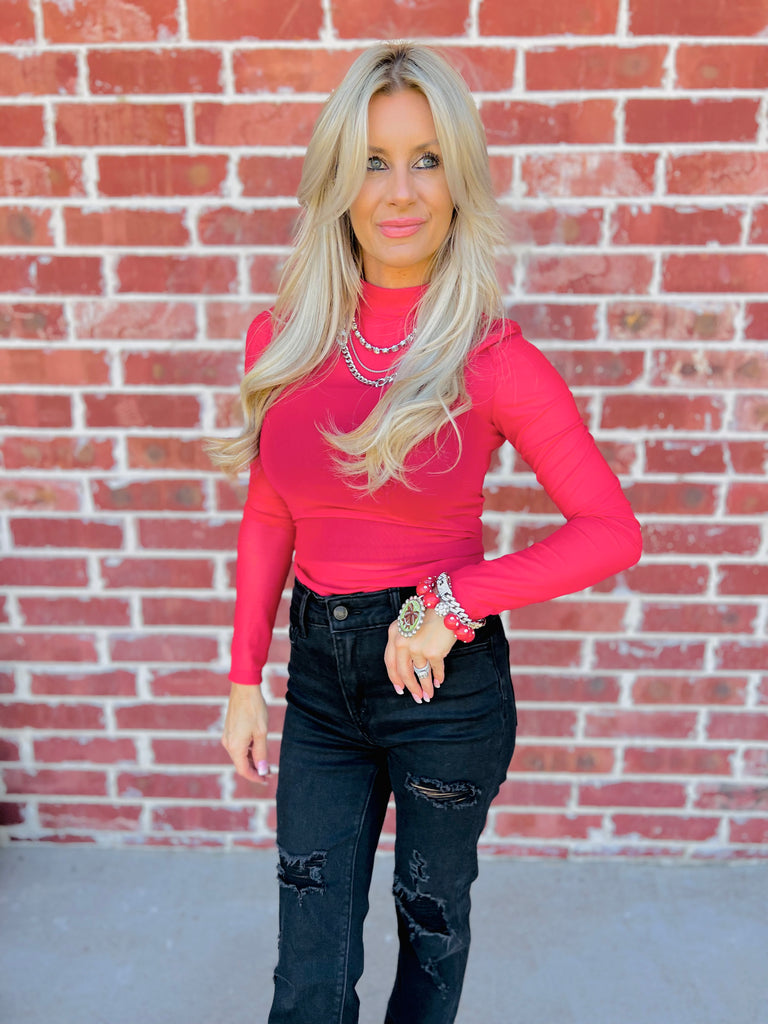 Red Sheer Pretty Mock Neck Mesh Top