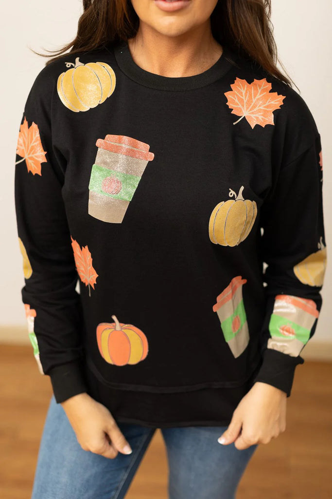 Glittered Fall Elements Patch Crewneck Sweater Top