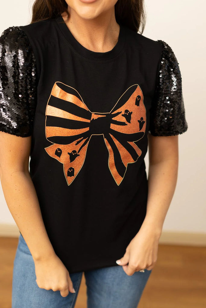 Spooky Cute Glitter Bow & Sequin Fall Top