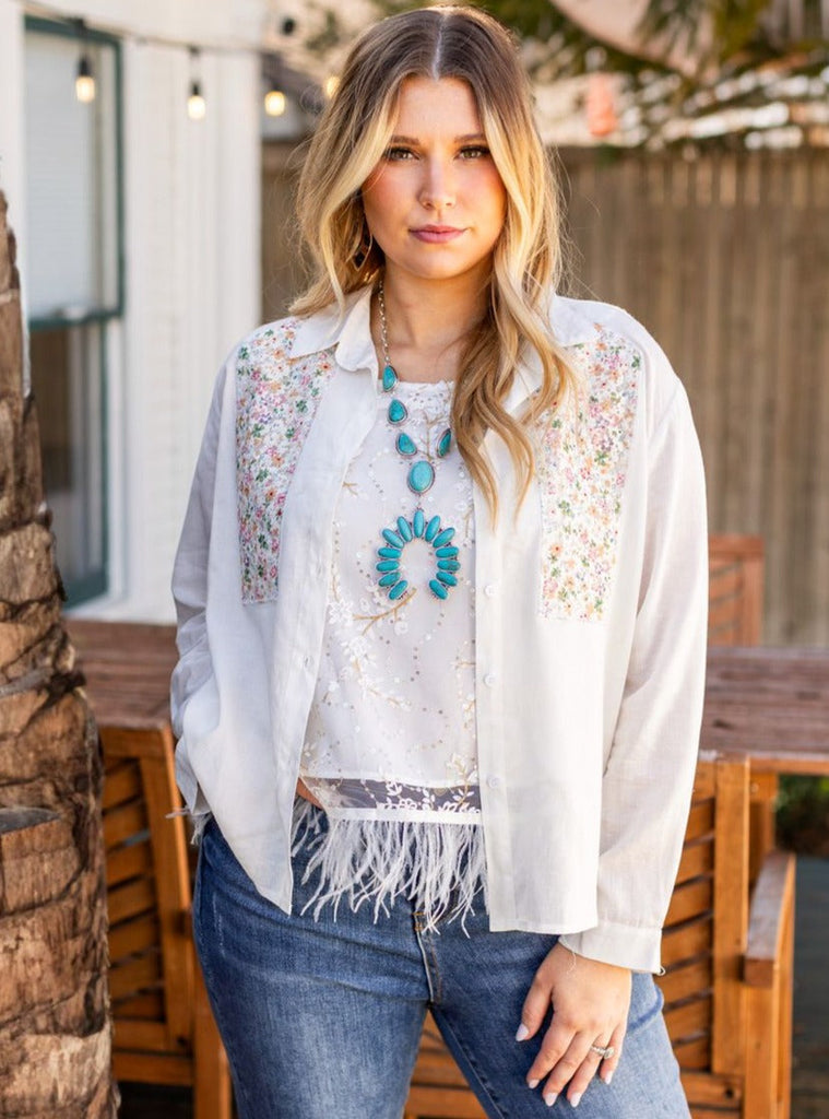 Button-Up with Embroidered Yoke, White