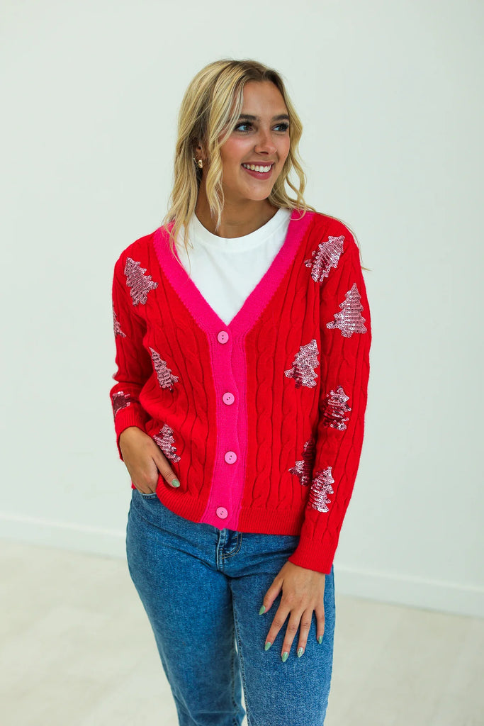 Holiday Cheer Sequin Tree Knitted Cardigan