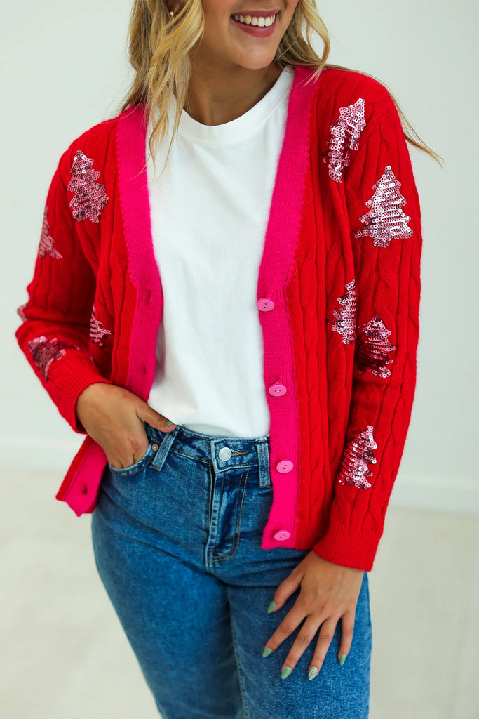 Holiday Cheer Sequin Tree Knitted Cardigan