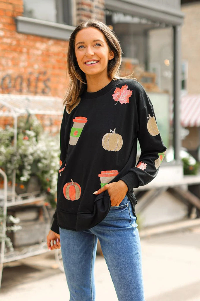 Glittered Fall Elements Patch Crewneck Sweater Top