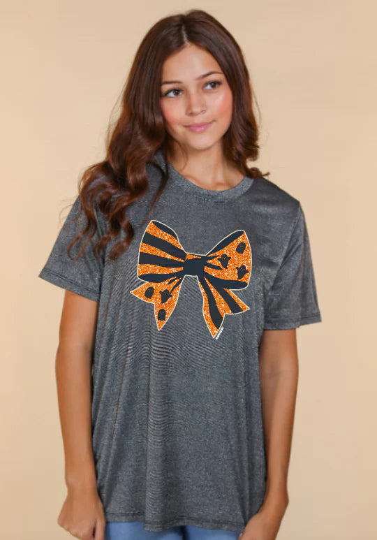 Webbed Glitter Halloween Bow Top - Grey