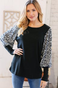 Grey Hacci Leopard Puff Bubble Sleeve Sweater Top