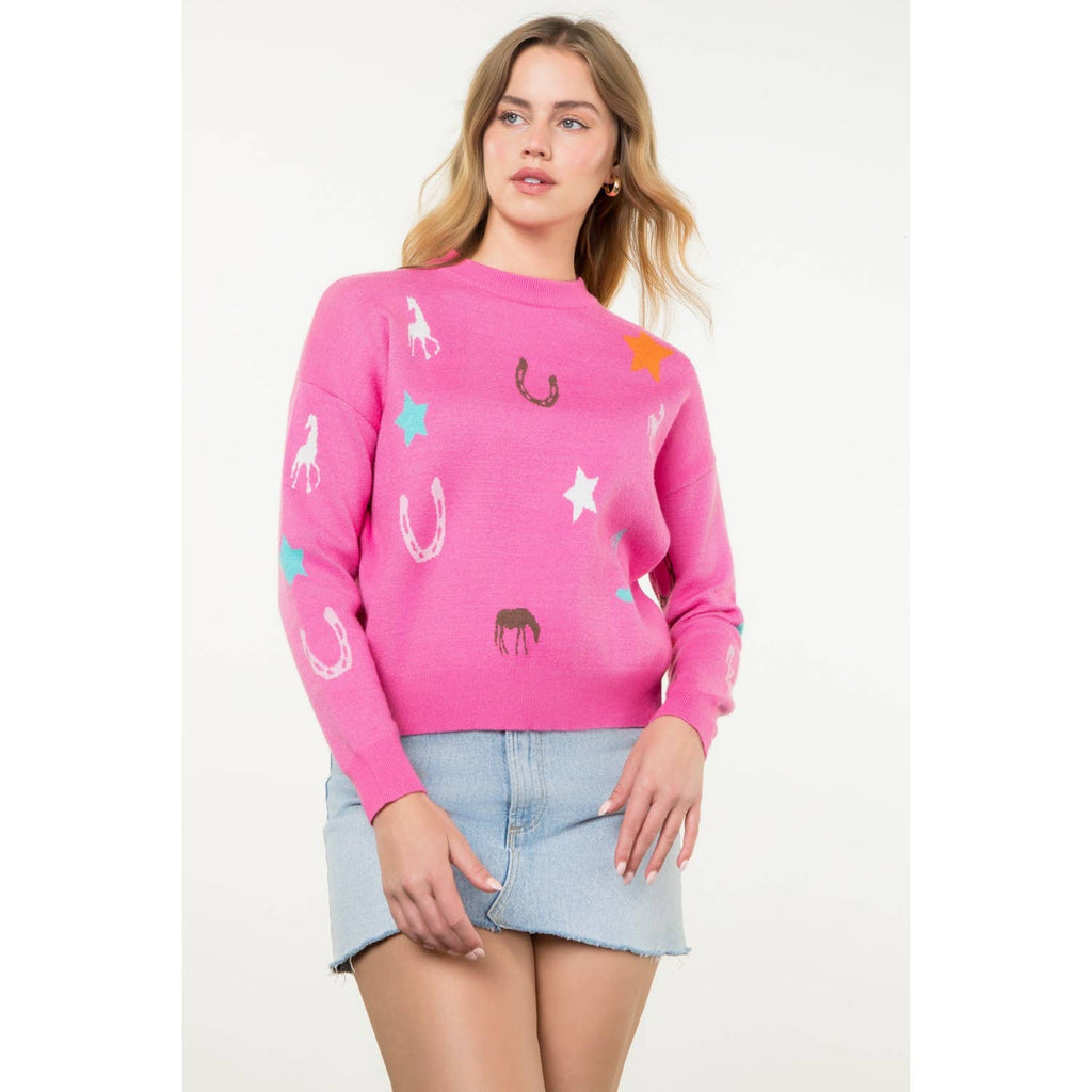 Pink Western Era Motif Long Sleeve Knit Sweater