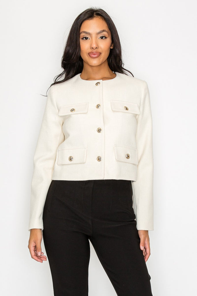 Elizabeth Button Cuffed Sleeve Blazer in Ivory