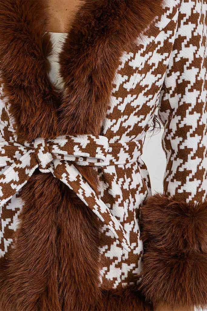 Camel Cloud houndstooth Faux Fur Coat