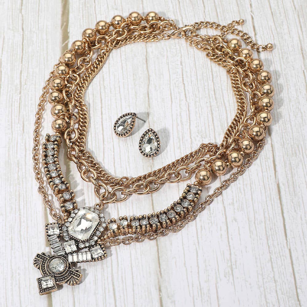 Bold Antique Metal Layered Necklace Set - gold