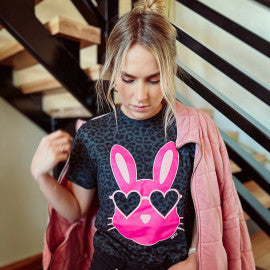 Pink Bunny Graphic Tee: Charcoal Leopard
