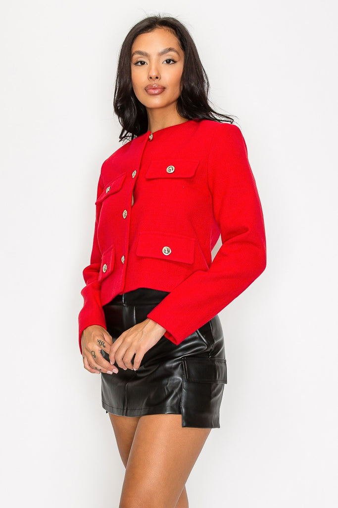 Elizabeth Button Cuffed Sleeve Blazer in Red