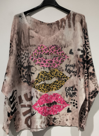 COLIP Beige Lips V-Neck Knit Printed Sweater LOOWIE