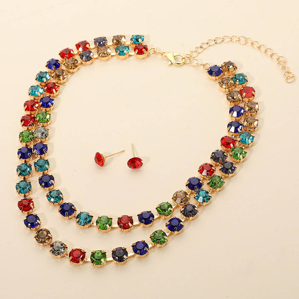 Double Row Sparkle Cluster Necklace - MULTI