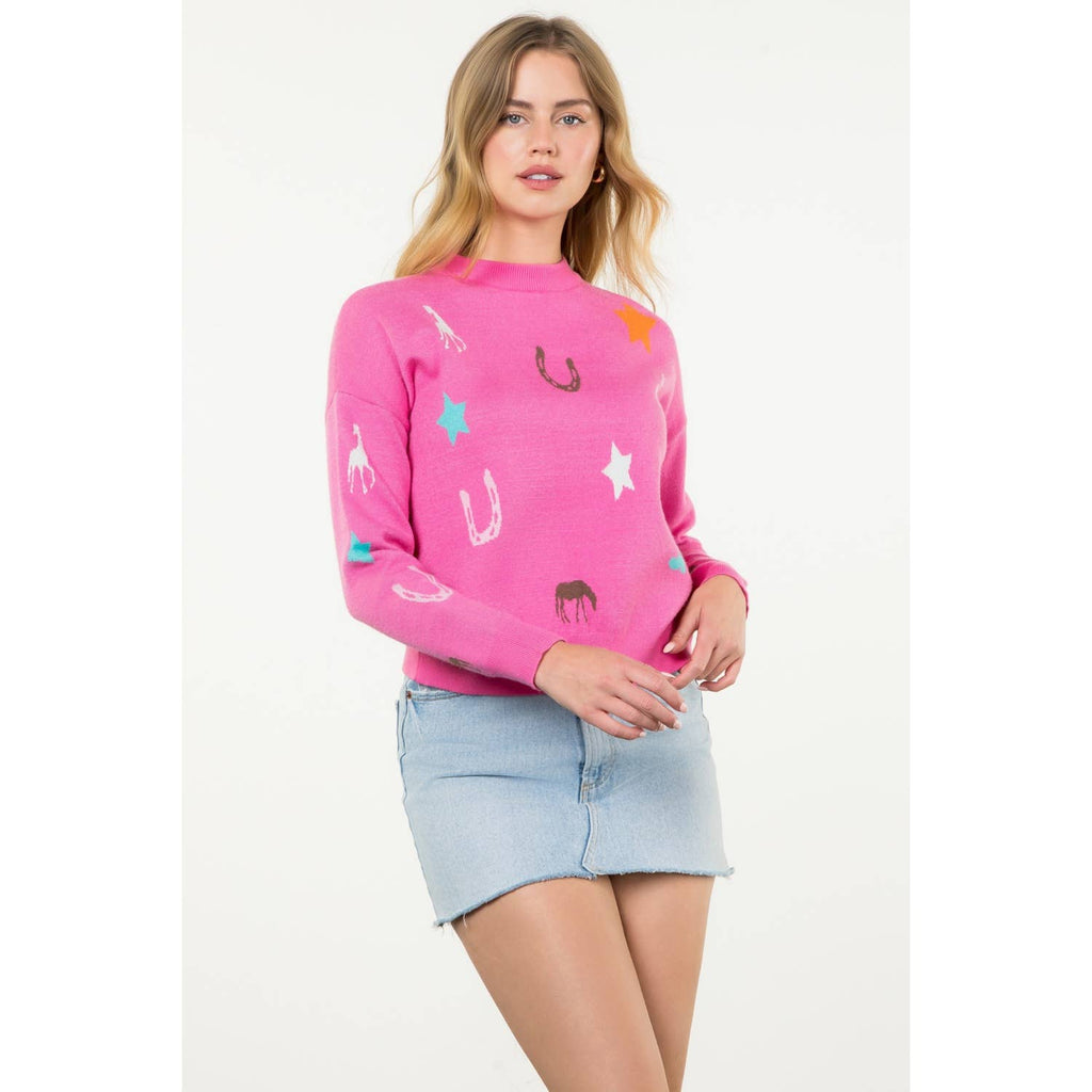 Pink Western Era Motif Long Sleeve Knit Sweater