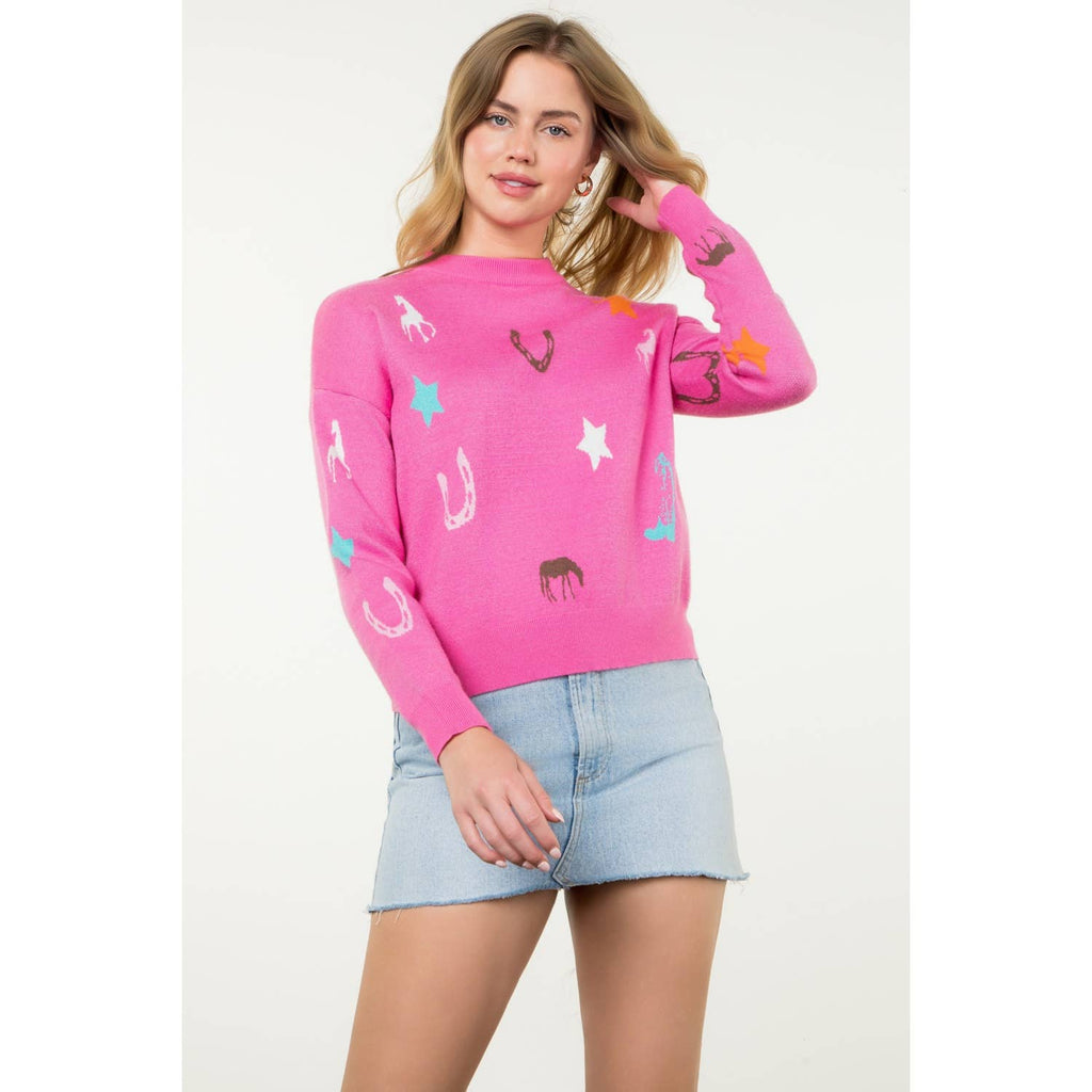 Pink Western Era Motif Long Sleeve Knit Sweater