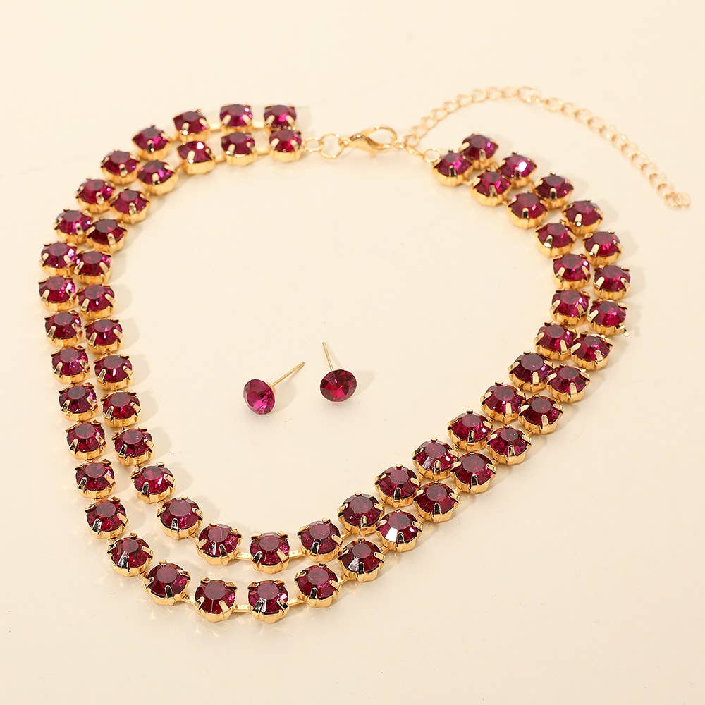 Double Row Sparkle Cluster Necklace - FUCHSIA