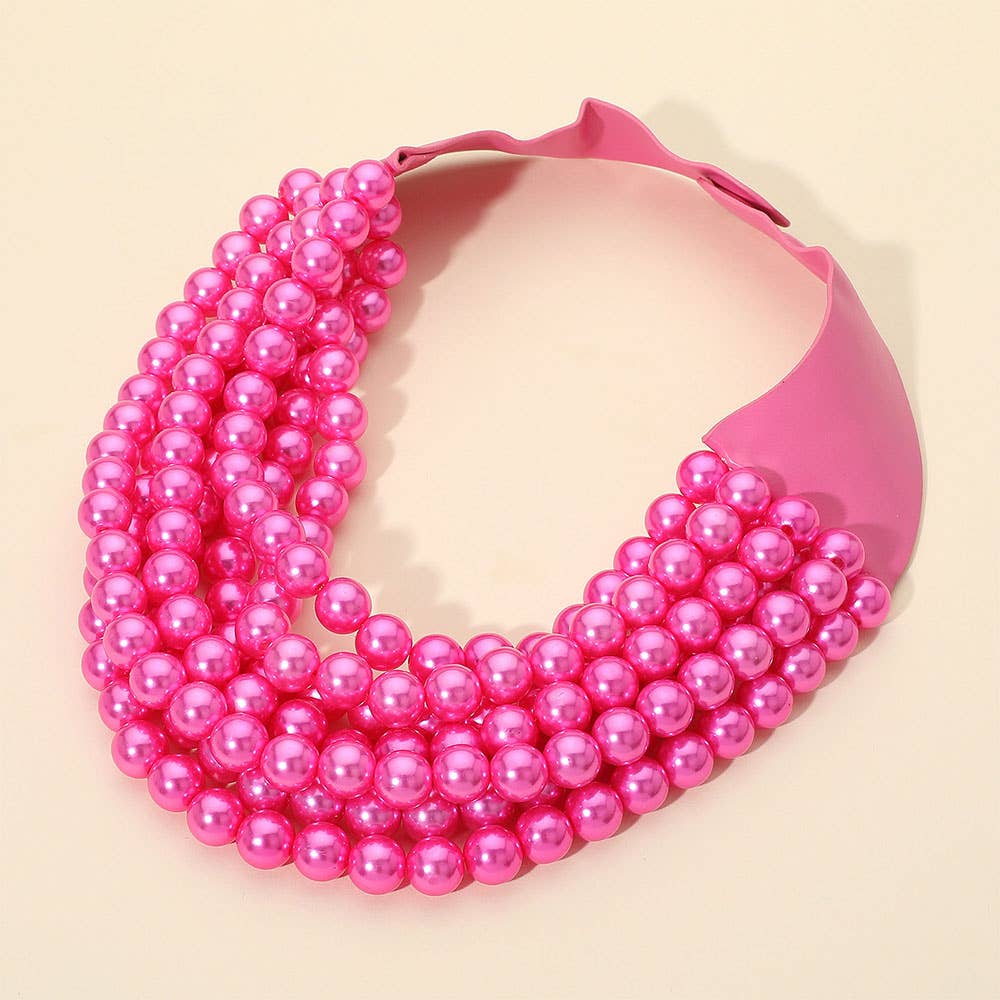 Multi Layered Pearl Beaded Collar Magnetic Necklace: Fuchsia