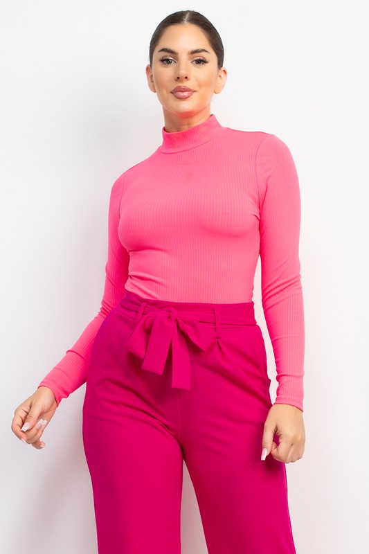 Hot Pink Mock Neck Ribbed Top