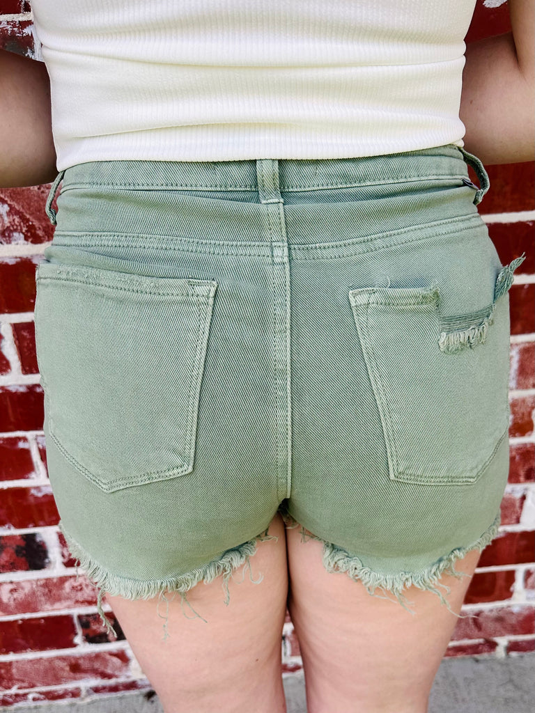 Olive Distressed High Rise Shorts
