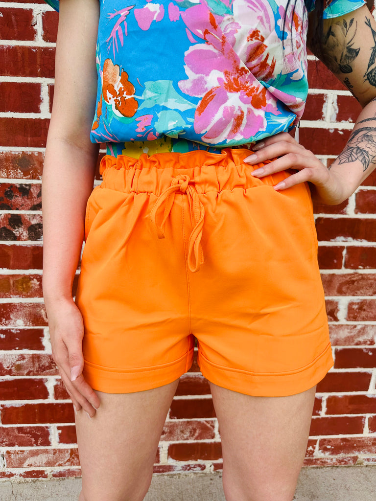 Orange Ruffle Elastic Shorts