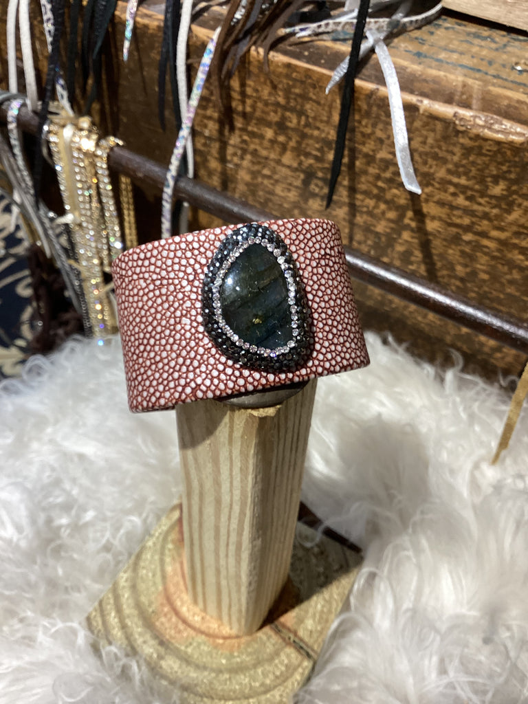 Woodsy Crystal Stone & Pebbled Leather Cuff