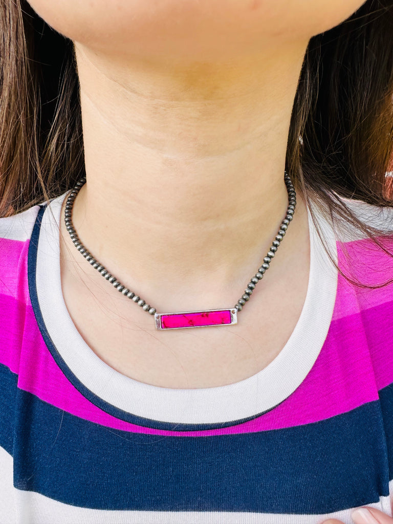 Pink Pave Stone Navajo Bar Necklace