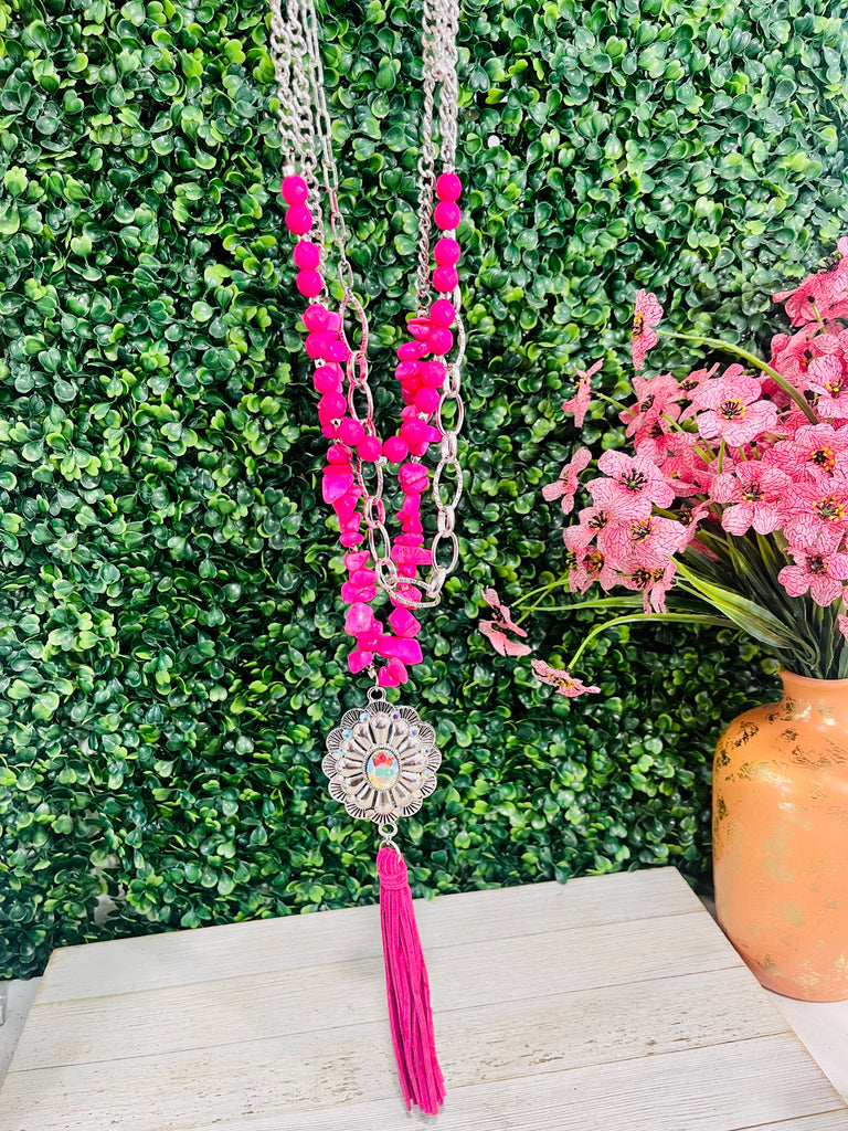 Pink Slab & AB Concho Triple Layer Necklace