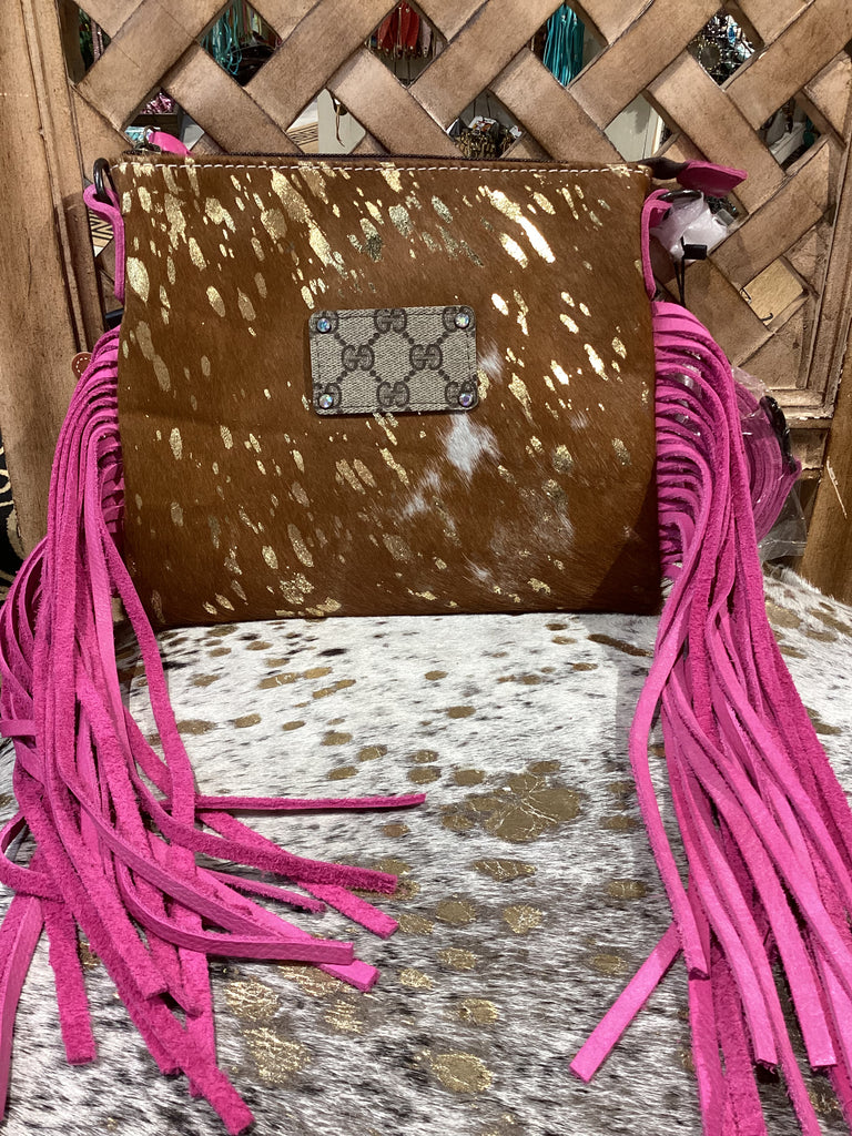 Tan & Ivory Hide & Pink Fringed Handbag