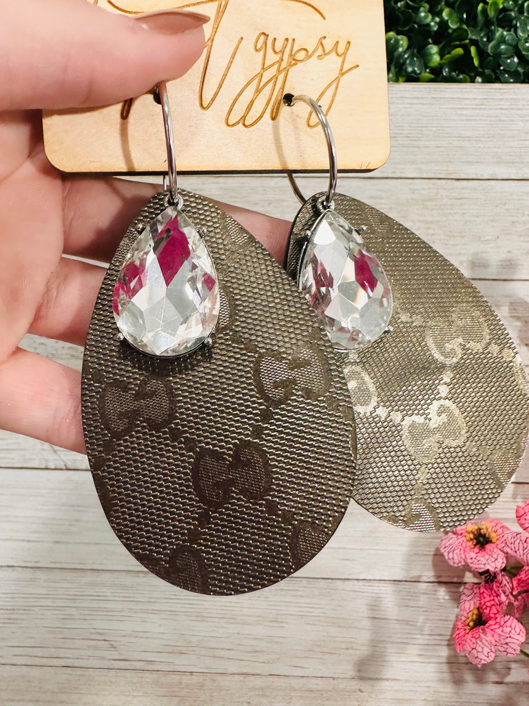 Upcycled Designer Crystal Cowhide Tooled Brass Earrings Rose Gold