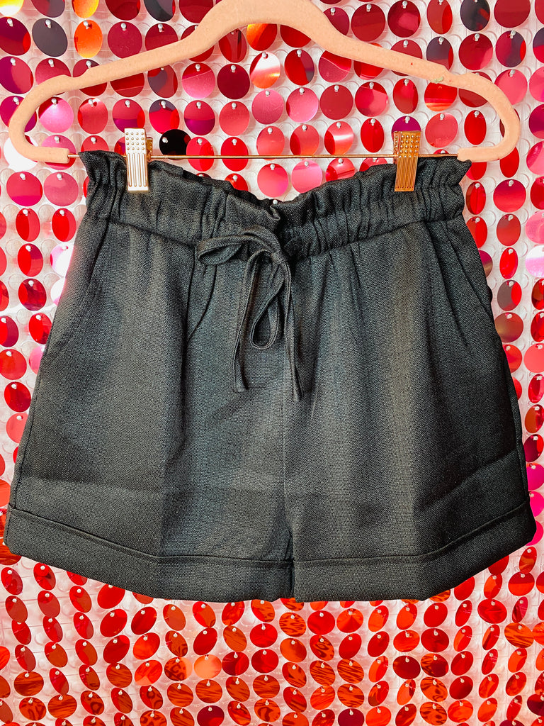 Black - Drawstring Ruffle Waist Shorts