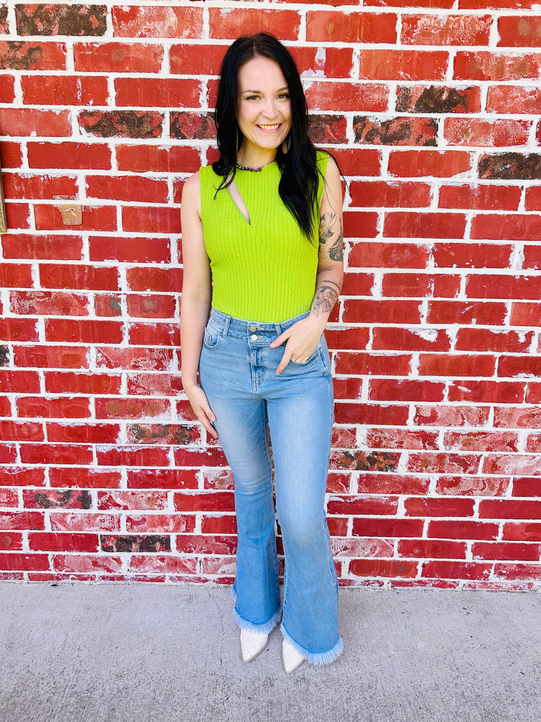 Green Textured Cut-Out Top