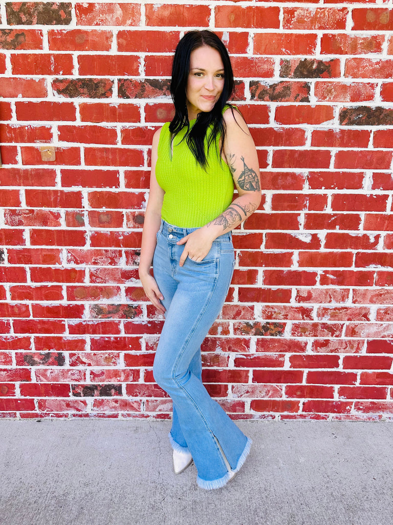 Green Textured Cut-Out Top