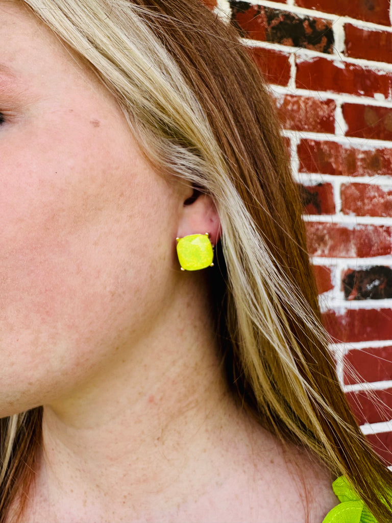 Neon Yellow - Glitter Cushion Square Earrings