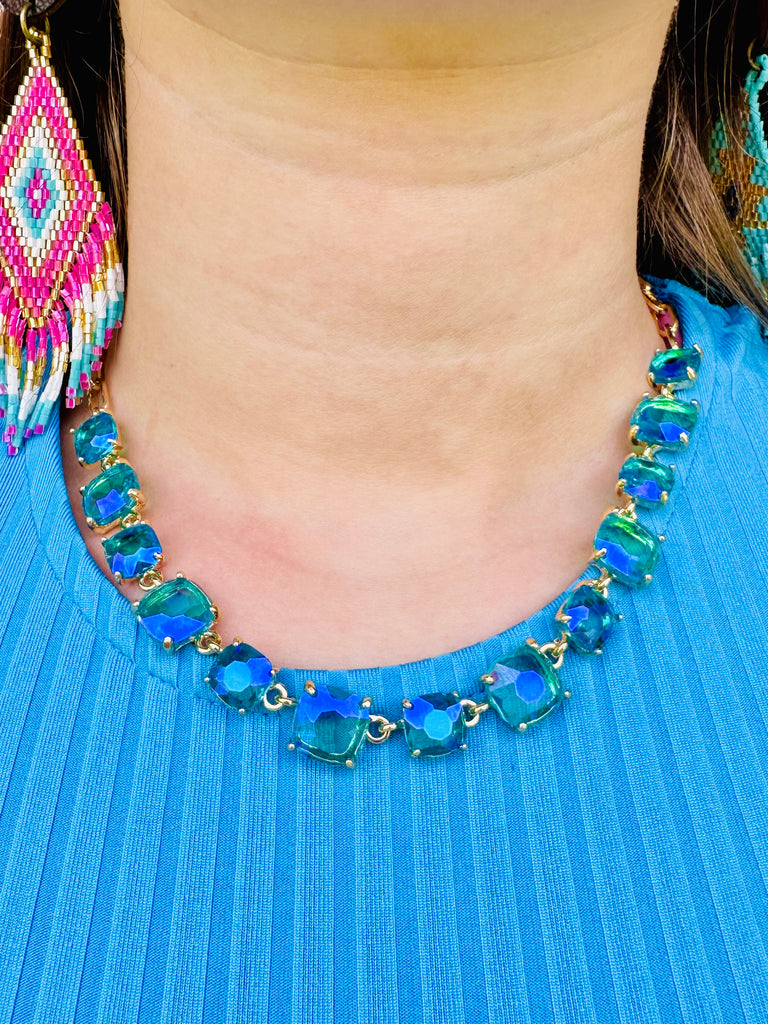 Royal Blue Square Stone Link Necklace