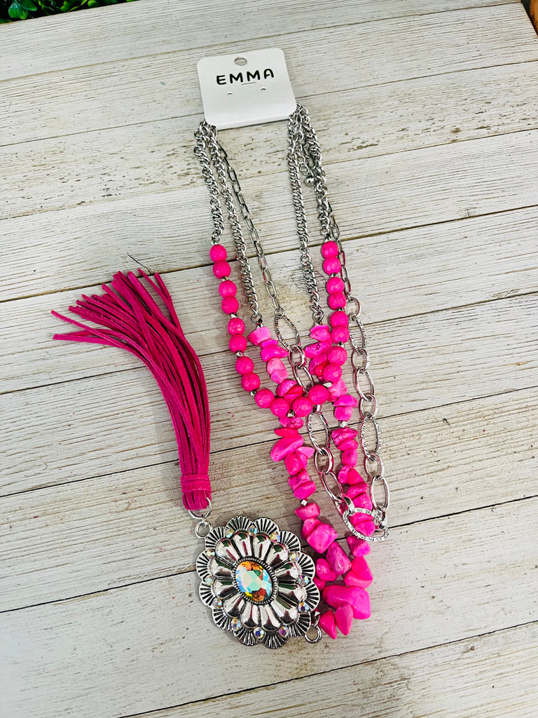 Pink Slab & AB Concho Triple Layer Necklace