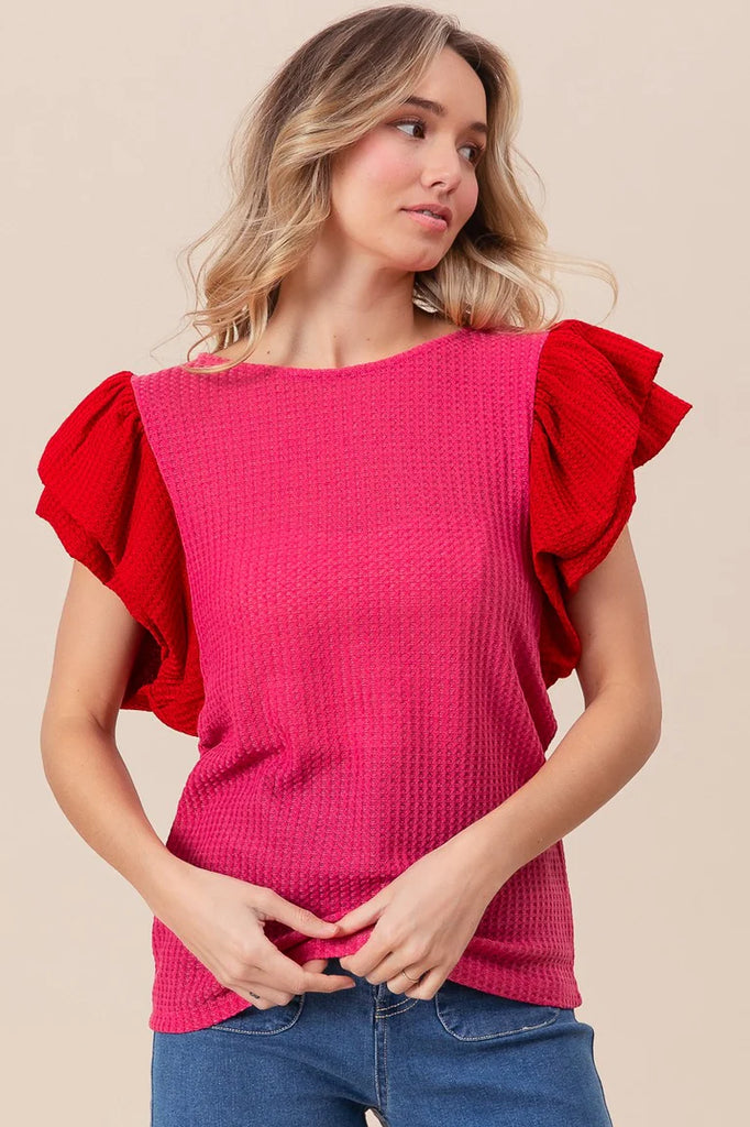 Waffle Knit Color Block Top with Ruffled Sleeves - Pink & Red