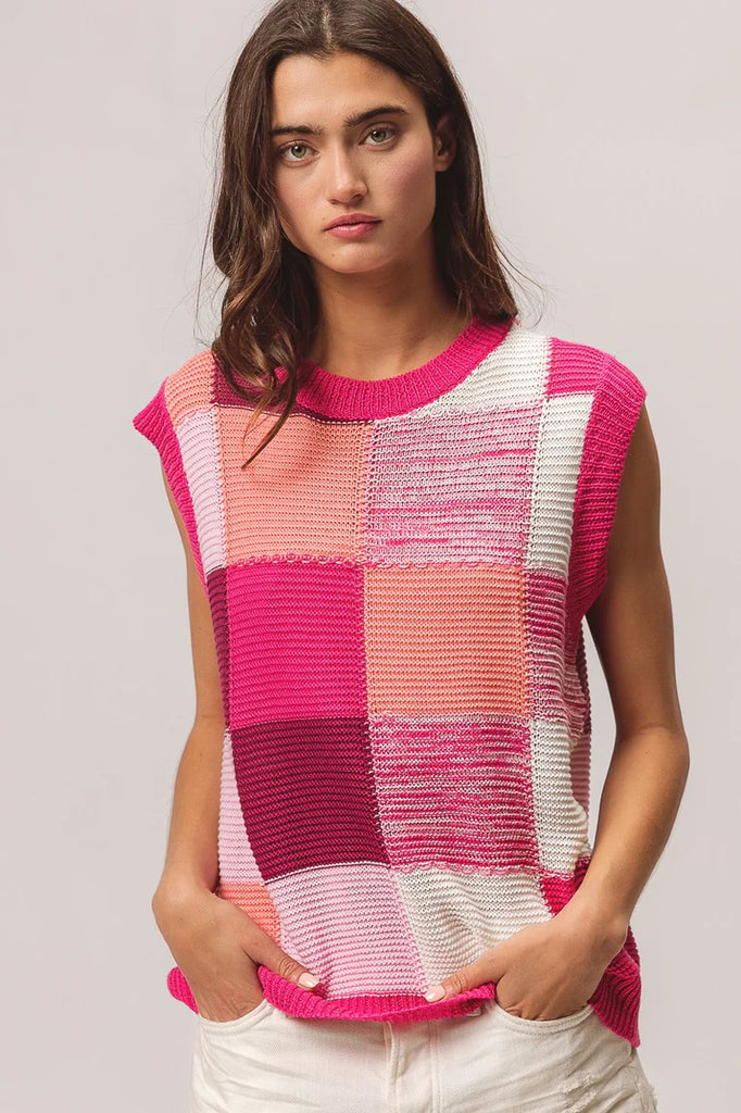 Color Block Check Lightweight Sweater Vest - Pink