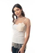 The Everyday Luxe Mesh Pearl Rhinestone Pocket Tee Top - Nude