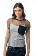 The Everyday Luxe Mesh Pearl Rhinestone Pocket Tee Top - Black