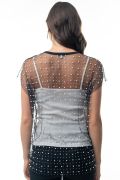 The Everyday Luxe Mesh Pearl Rhinestone Pocket Tee Top - Black