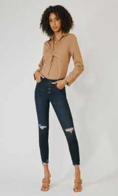Dark Mid Rise Button Ankle Skinny Denim By Kan Can