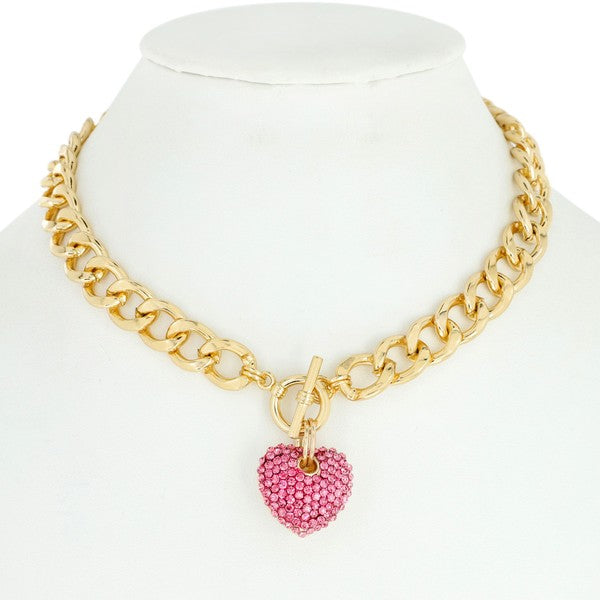 Pink Crystal Heart & Gold Chain Necklace