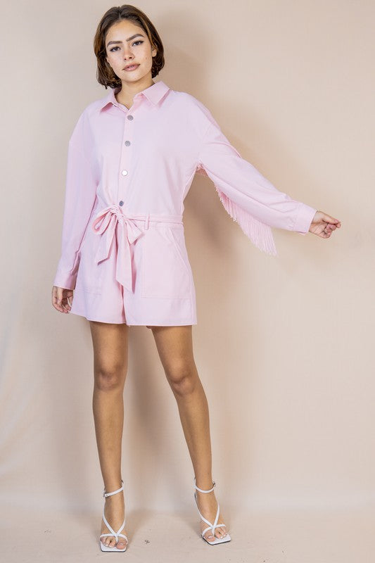 Pink Chic Belted Shirt Romper