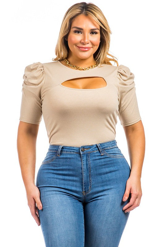 Sandy Days Ribbed Keyhole Blouse - With Gold Chain Necklace