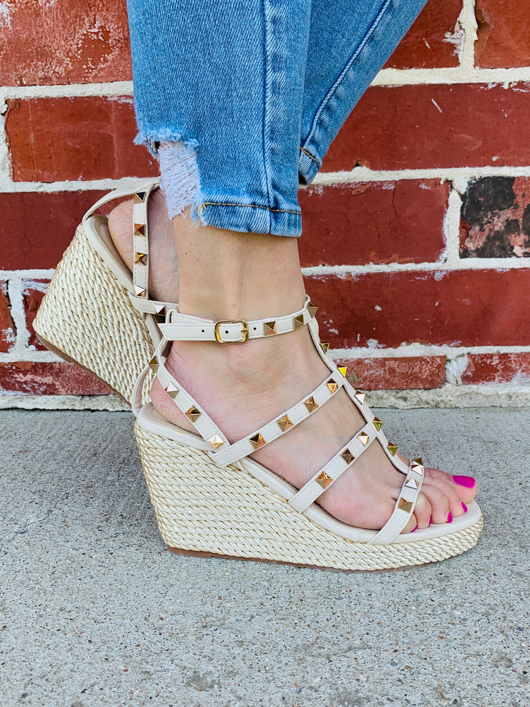 Beige- Nature Breeze Studded Strappy Cage Wedge Sandals