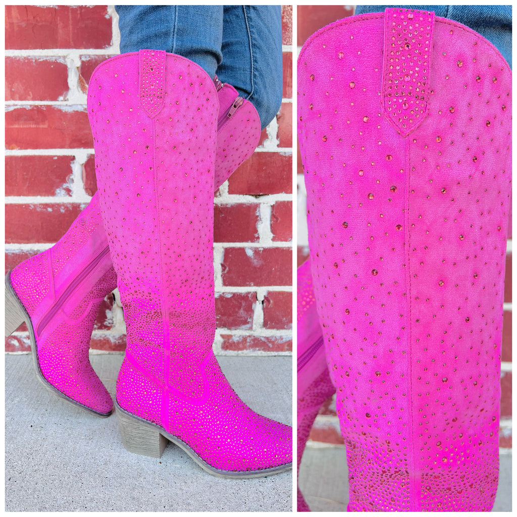 Fuchsia Crystal Covered Suede Cowgirl Boots
