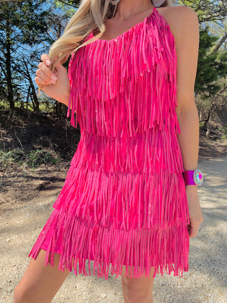 Hot Pink Rhinestone Cha cha Dress The Sister's Boutique Hot Pink Rhinestone Cha cha Dress The Sister's Boutique