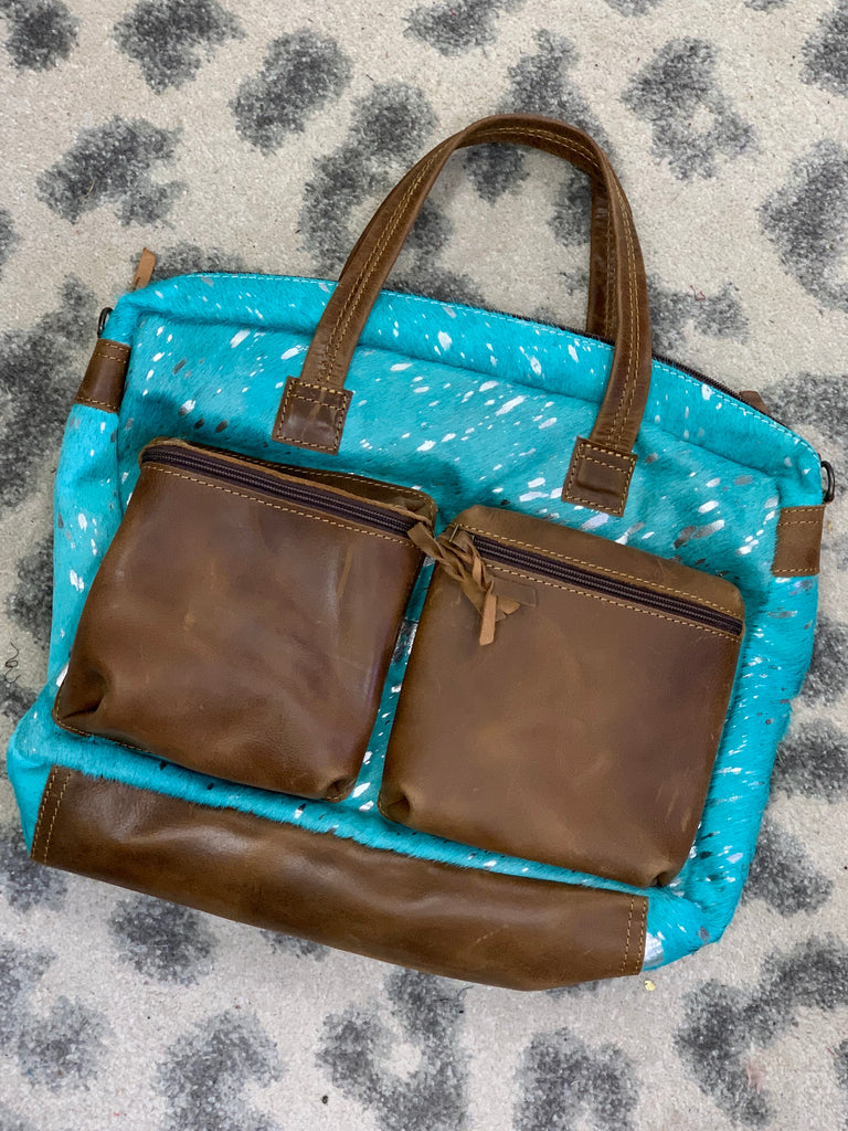 The Carrie Turquoise Acid Wash & brown leather Work Bag
